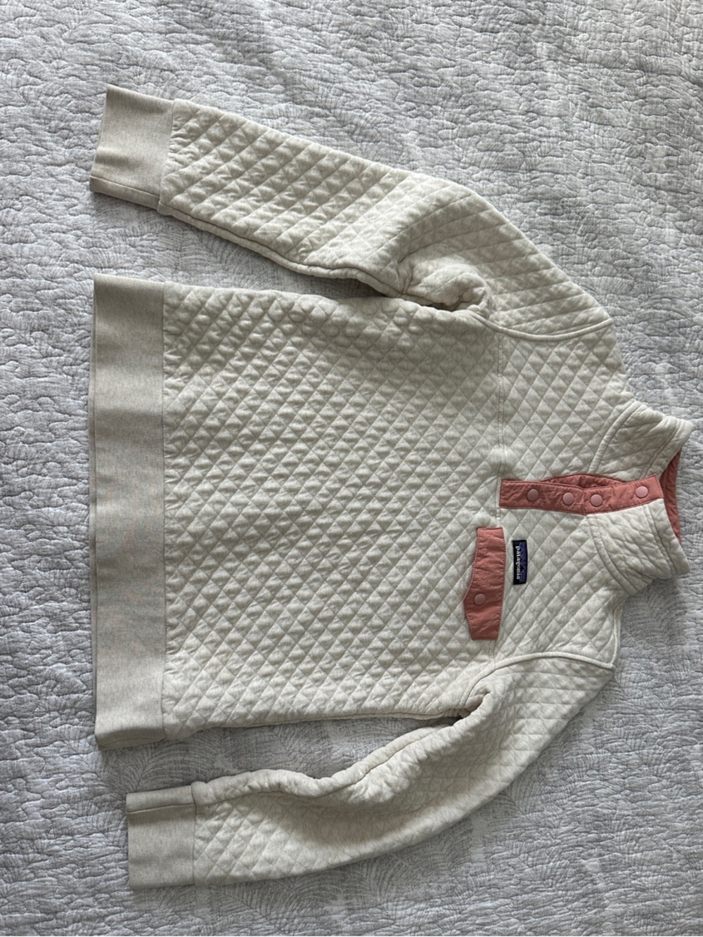Patagonia Cream Quilted Pullover with Rose-Pink Snap Trim